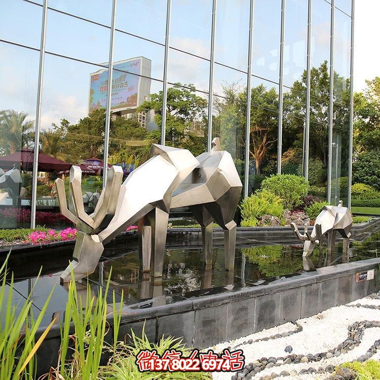 精致雕塑，幾何鏡面不銹鋼鹿，點綴精致水景小品