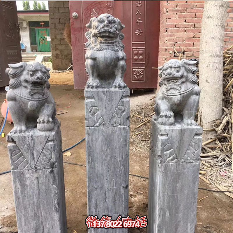 經典仿古石獅子拴馬柱擺件，點綴園林