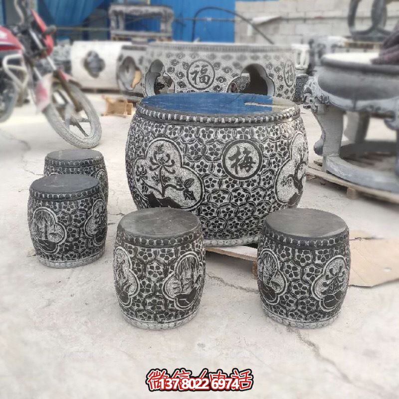 梅蘭菊竹浮雕石桌石凳，休閑庭院圓形裝飾