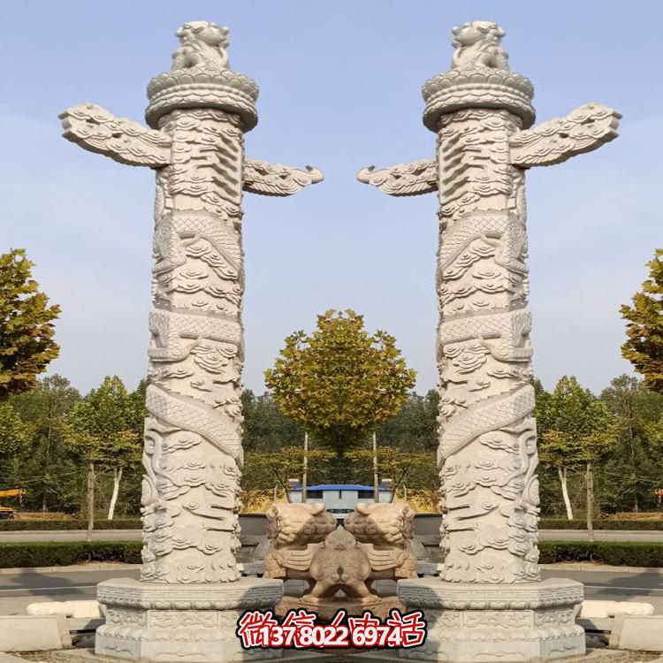 精美大理石手工雕刻龍紋華表雕塑，點(diǎn)綴廣場美景