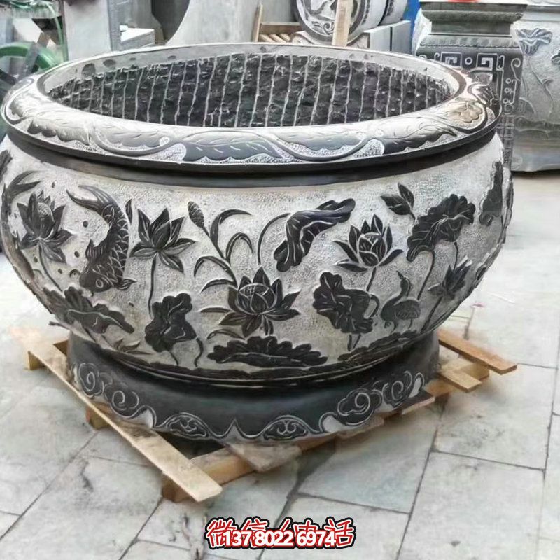 青石石雕浮雕蓮花鯉魚庭院擺件花盆雕塑 青石石雕浮雕蓮花鯉魚庭院擺件花盆雕塑